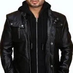 FZ Merchandise Leather Moto Jacket Men Size M Black Removable Hood Zip Snap